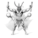 muscular devil holding two drumsticks in front of him with two hands, the top of the left stick is broken, the devil smi tattoo design idea