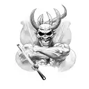 muscular devil holding two drumsticks in front of him with two hands, the top of the left stick is broken, the devil smi tattoo design idea