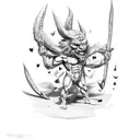 muscular devil holding two drumsticks in front of him with two hands, the top of the left stick is broken, the devil smi tattoo design idea