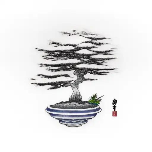 Samurai wearing a straw hat with a bonsai tree in the background tattoo design idea