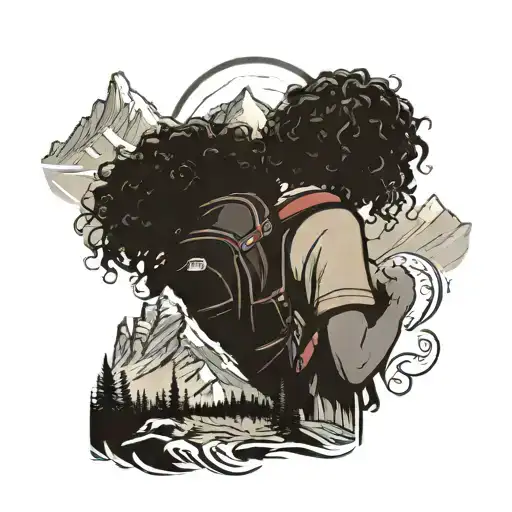 A curly-haired girl with a backpack gazes at a distant, silhouetted mountain. tattoo design idea