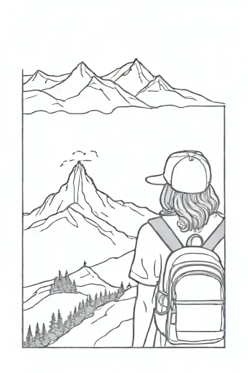 A simple girl with a backpack gazes at a distant mountain from side. tattoo design idea