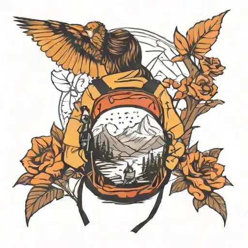 Create a tattos in which A girl with backpack watching a mountain tattoo design idea