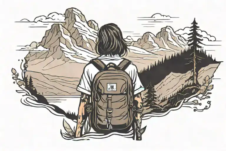 A simple girl with a backpack gazes at a distant mountain. tattoo design idea