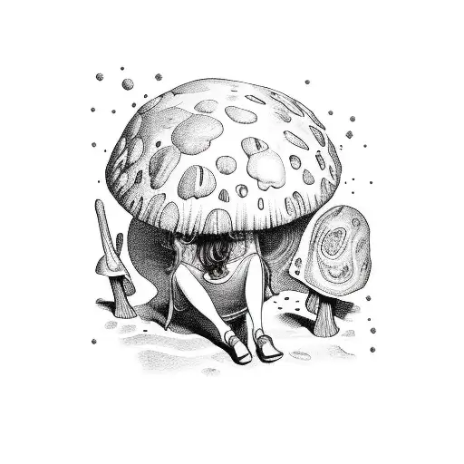 ALICE IN WONDERLAND SITTING ON A MUSHROOM ON A PSYCHEDLIC TRIP  tattoo design idea
