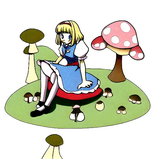 ALICE IN WONDERLAND SITTING ON A MUSHROOM tattoo design idea