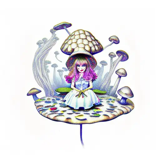 ALICE IN WONDERLAND SITTING ON A MUSHROOM ON A PSYCHEDLIC TRIP  tattoo design idea