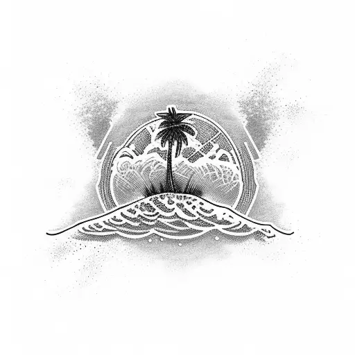 A software engineering-inspired beach scene with a binary code wave crashing against a palm tree tattoo design idea