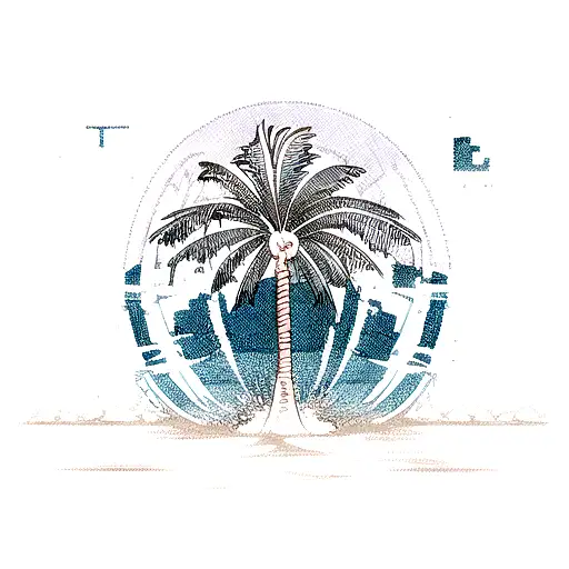A software engineering-inspired beach scene with a binary code wave crashing against a palm tree tattoo design idea