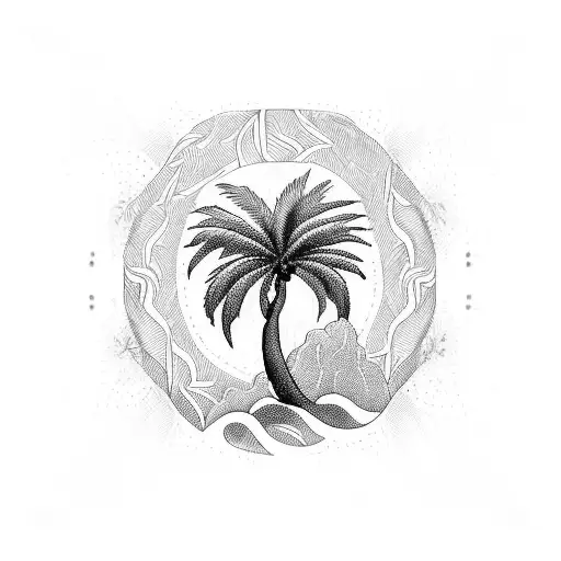 A blackwork tattoo of a palm tree made up of lines of code, with waves crashing below tattoo design idea