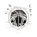 A software engineering-inspired beach scene with a binary code wave crashing against a palm tree tattoo design idea