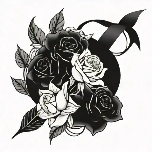 Fine line tattoo bouquet of flowers tied together with a ribbon. g on ribbon. Rose, narcissus, primrose and violet tattoo design idea
