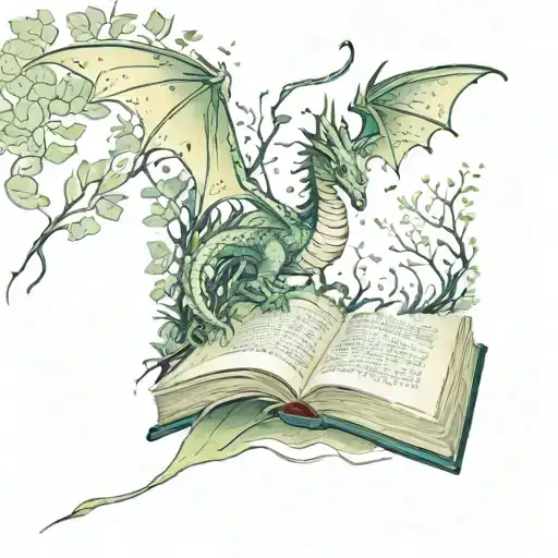 An enchanted book rests open, pages transformed into forest spilling out. a dragon flying away from it. tattoo design idea