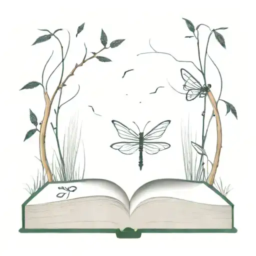 An enchanted book rests open, pages transformed into forest spilling out. A miniature dragon flies away from it. tattoo design idea