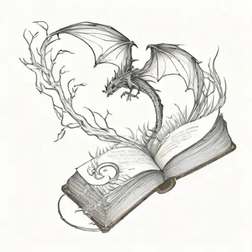 An enchanted book rests open, pages transformed into forest spilling out. a dragon flying away from it. tattoo design idea