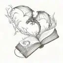 An enchanted book rests open, pages transformed into forest spilling out. a dragon flying away from it. tattoo design idea