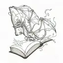 An enchanted book rests open, pages transformed into forest spilling out. a dragon flying away from it. tattoo design idea