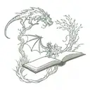 An enchanted book rests open, pages transformed into forest spilling out. a dragon flying away from it. tattoo design idea