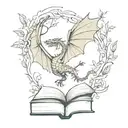 An enchanted book rests open, pages transformed into forest spilling out. a dragon flying away from it. tattoo design idea