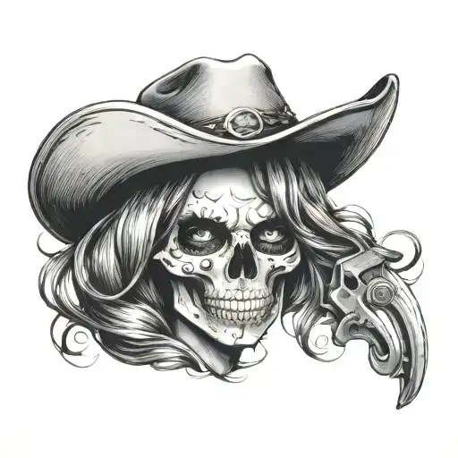 cowgirl skull with hat going shh tattoo design idea