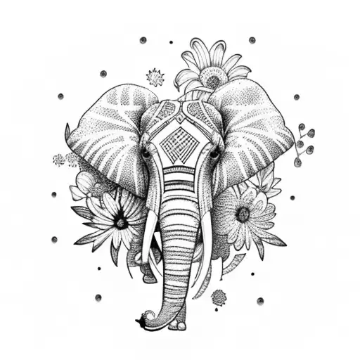 A dotwork tattoo of an elephant's side profile, adorned with delicate orchids, daisies, and wildflowers, symbolizing the beauty found in simplicity tattoo design idea
