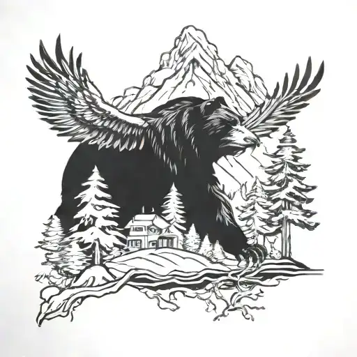 bear, eagle, city, forest scene tattoo design idea