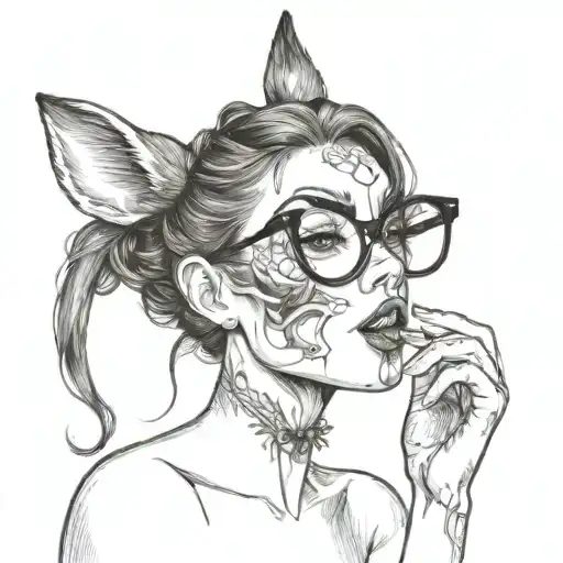 white sexy skinny woman licking lips with brown hair, glasses, rabbitears  tattoo design idea