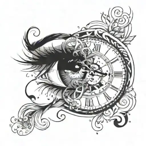 A woman's profile with a clock face as her eye, surrounded by swirling time patterns tattoo design idea
