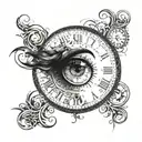 A woman's profile with a clock face as her eye, surrounded by swirling time patterns tattoo design idea