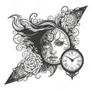 A woman's profile with a clock face as her eye, surrounded by swirling time patterns tattoo design idea