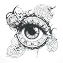 A woman's profile with a clock face as her eye, surrounded by swirling time patterns tattoo design idea