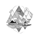triangle with nature and sea and sunset in the mountains and surfer tattoo design idea