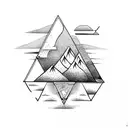 triangle with nature and sea and sunset in the mountains and surfer tattoo design idea