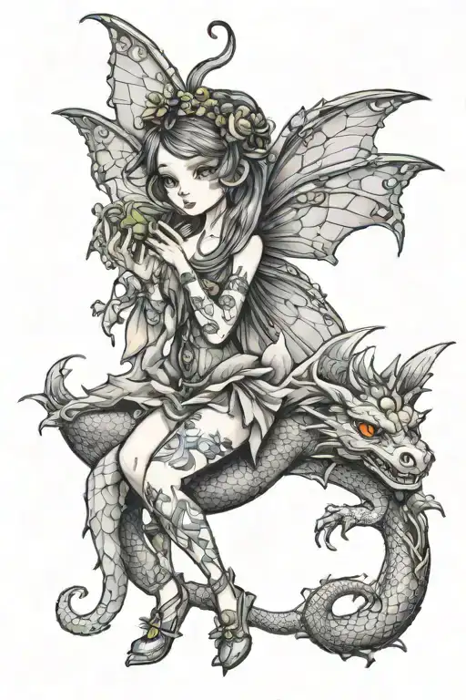 tiny fairy holding dragon tattoo design idea