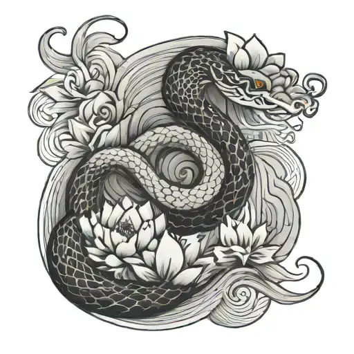 japanese style snake, lotus, and waves tattoo design idea