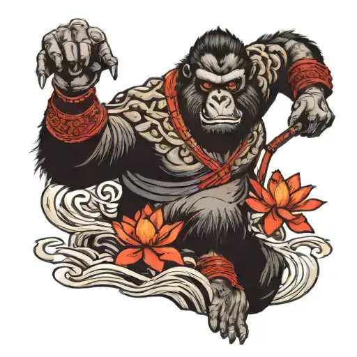 japanese style samurai gorilla, lotus, and waves tattoo design idea