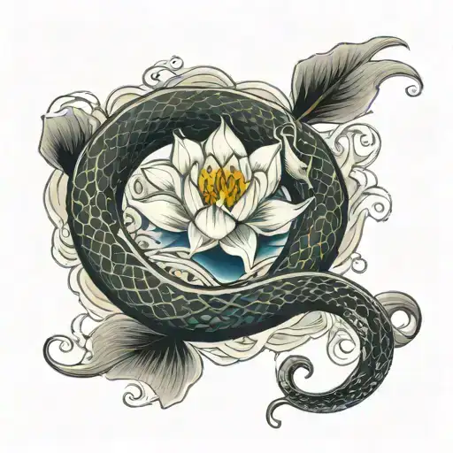 japanese style snake, lotus, and waves tattoo design idea