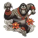 japanese style samurai gorilla, lotus, and waves tattoo design idea