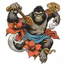 japanese style samurai gorilla, lotus, and waves tattoo design idea