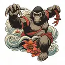 japanese style samurai gorilla, lotus, and waves tattoo design idea