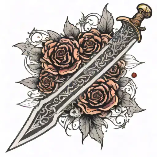 A black-grey tattoo of a knife and sword crossed over each other, with intricate floral designs wrapping around them like vines tattoo design idea