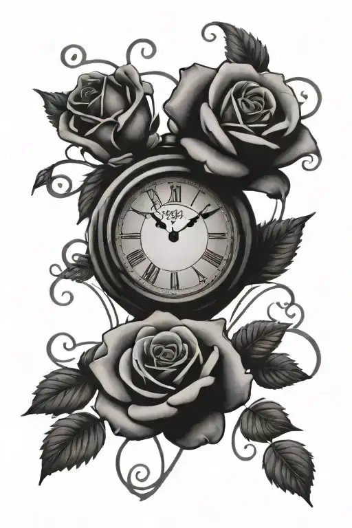 broken clock with roman numerals with intertwined roses tattoo design idea