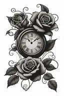 broken clock with roman numerals with intertwined roses tattoo design idea