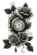 broken clock with roman numerals with intertwined roses tattoo design idea