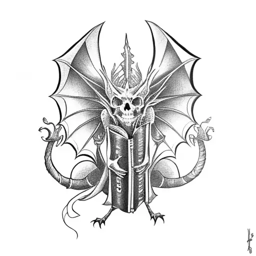 book Dragon, reading, fantasy, fairy, skull, jewels tattoo design idea