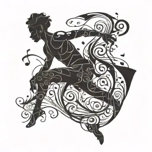 A silhouette of a dancer gracefully leaping with musical notes swirling around them, symbolizing the idea of always getting back up and fighting for your dreams tattoo design idea