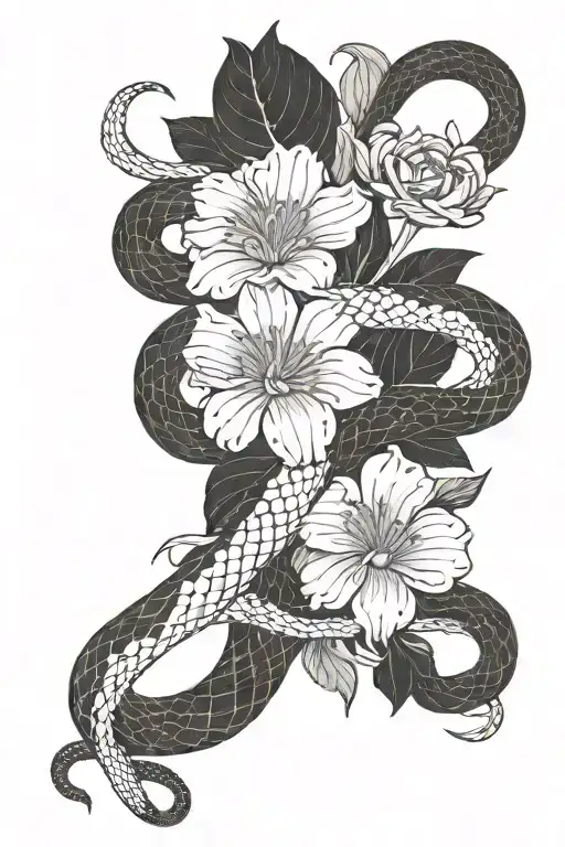 bold line snake with flower growing tattoo design idea