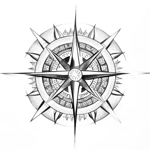 Dotwork tattoo of a compass rose incorporating a Sanskrit word for 'inspiration' tattoo design idea