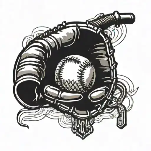 A baseball glove holding a grenade with a backdrop of a bar scene with neon lights tattoo design idea