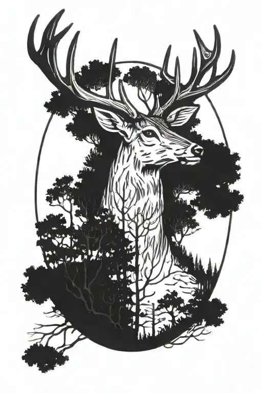 deer head with trees background looking through lens tattoo design idea